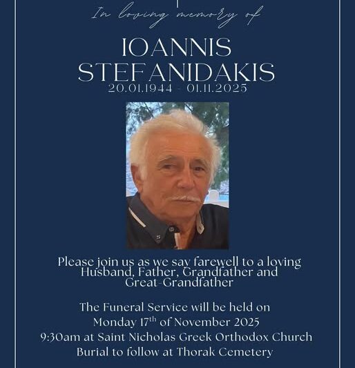 Loannis Stefanidakis Darwin, NT, Australia Death: In Loving Memory Of Beloved Resident